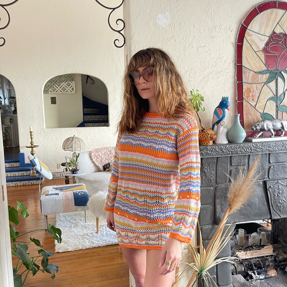 Crochet Striped Knit Sweater Mini Dress - Picture 9 of 10